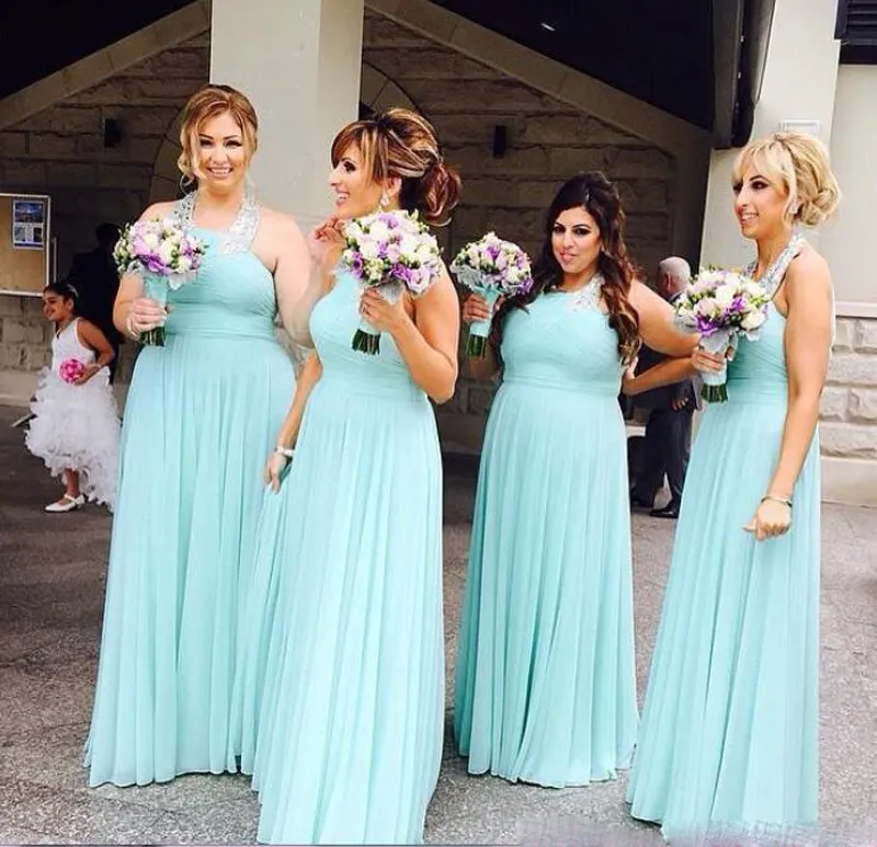 Mint Verde Halter Pescoço Chiffon Da Dama De Honra Vestidos Longos Prom Dress Maid Of Honor Vestidos de Festa Para O Casamento Barato Convidados vestidos