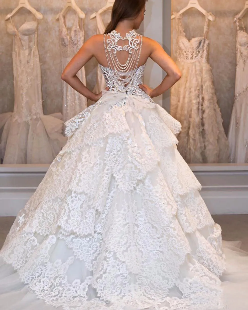 Luxury 2017 Lace Tiered Ruffle Wedding Dresses Sexy Sheer Neckline Lace Up Back Beaded Long Bridal Gowns Custom Made China EN4181