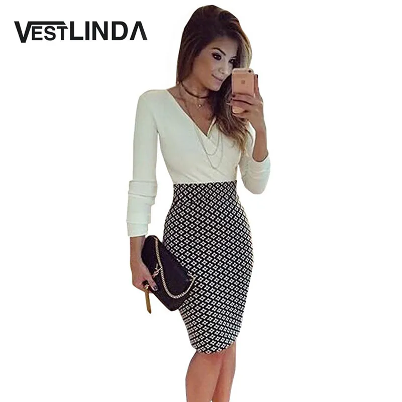 Wholesale- Sexy V Neck Long Sleeve Black and White Dress Pencil Women Formal Dresses for Work Party Women Tunic Midi Bodycon Office Dress