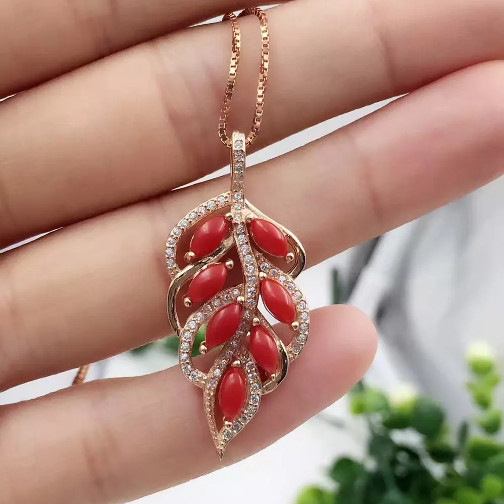 Hot sale red precious coral pendant 925 sterling silver leaf necklace pendant 3mm*6mm natural precious coral silver jewelry