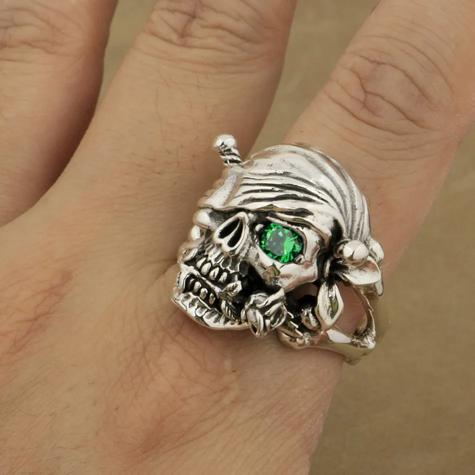 LINSION 925 Sterling Silver Pirate Skull Ring Rose Green CZ Stone Mens Biker Rock Punk Style 9W201 US Size 7 to 15