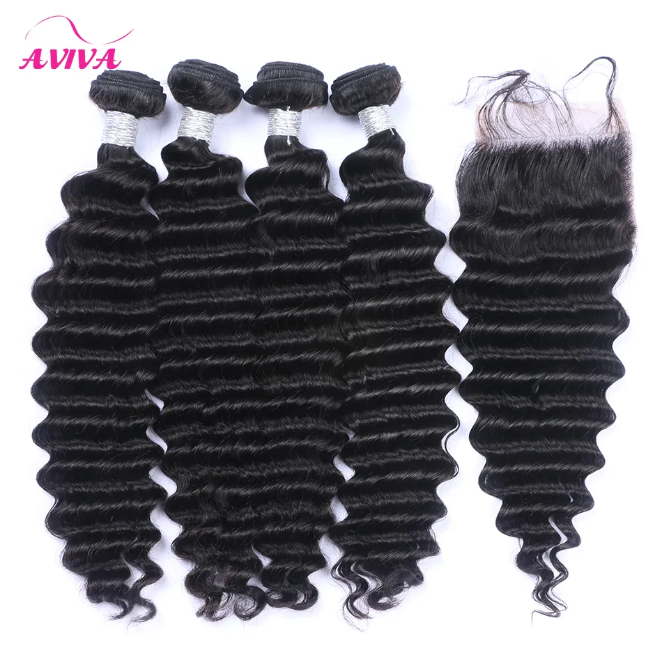 5 pcs Lote Brazilian Deep Wave cabelo virgem encaracolado com fechamento brasileiro profundo cabelo humano tecida com fechos de renda extensões de cabelo remy