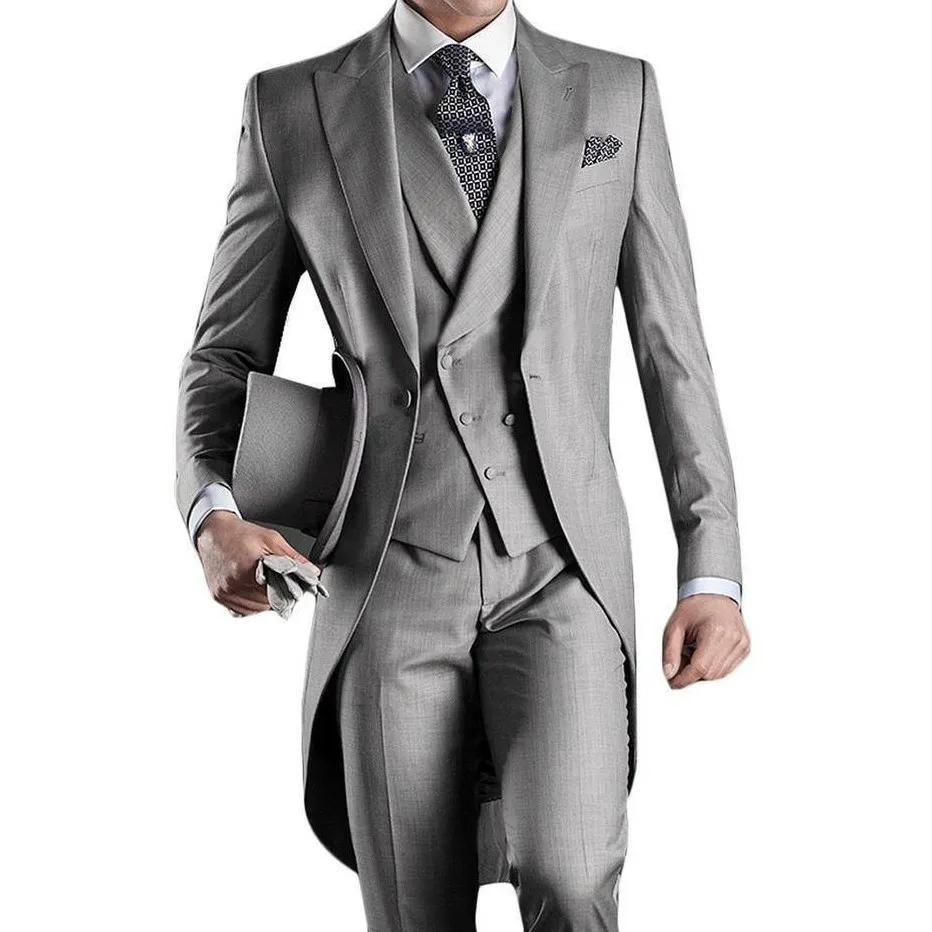 Custom Made Groom Tuxedos Groomsmen Morning Style 14 Style Best man Peak Lapel Groomsman Men's Wedding Suits (Jacket+Pants+Tie+Vest)J711