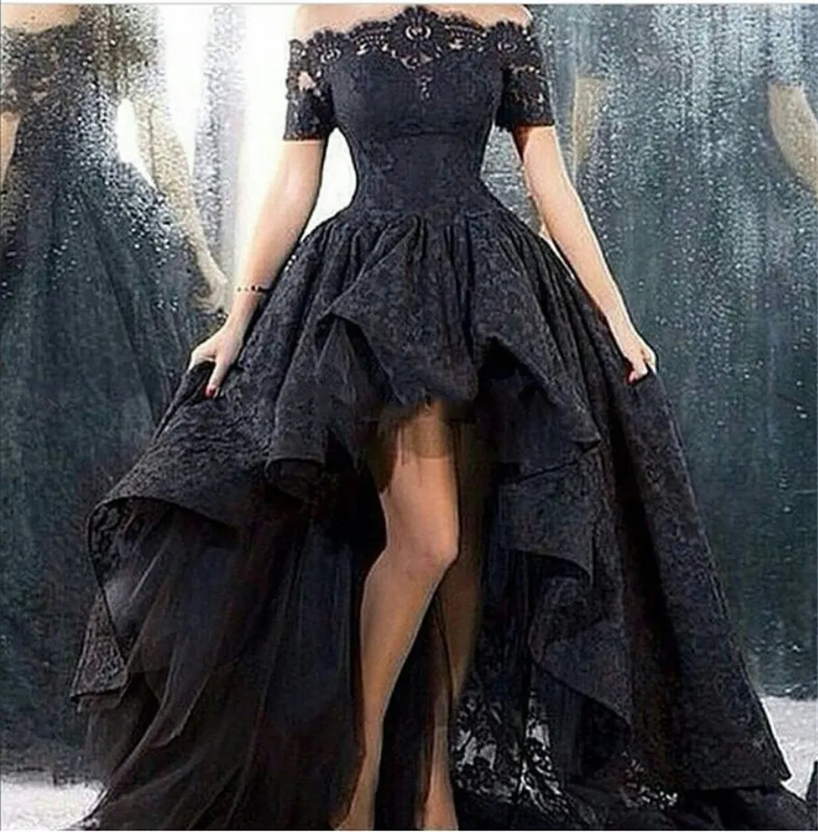 Robes de bal de fête à épaules dénudées, charmante Marsala, col bateau, Corset noir, dentelle haute et basse, manches courtes, robe de soirée, 2019