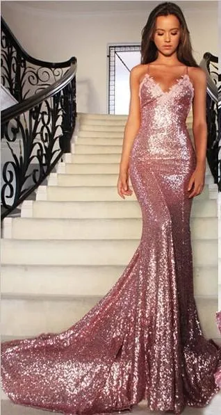 Cheap Sexy Sparkly Rose Pink Sequins Prom Dresses Black Sequined Lace Mermaid V Neck Criss Cross Back Long Formal Evening Pageant Party Gown