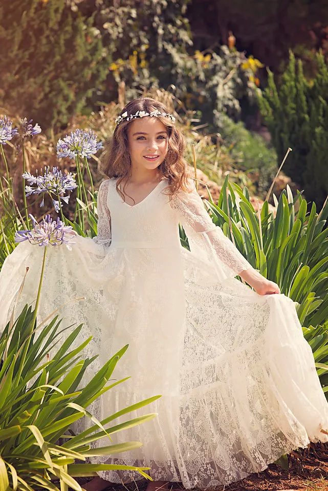 Bohemian Flower Girls Dresses with Long Sleeves and V Neck Ankle Length Fully Lace First Communion Dress for Little Girls Boho321C