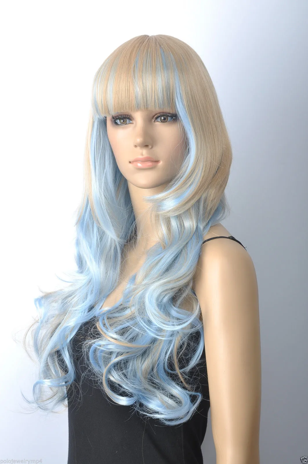 Sky Blue Blonde Cosplay Wig Long Curly Wig with Bangs, Fashionable  Synthetic Hair, Free Shipping, High Quality, Perfect for Costumes!