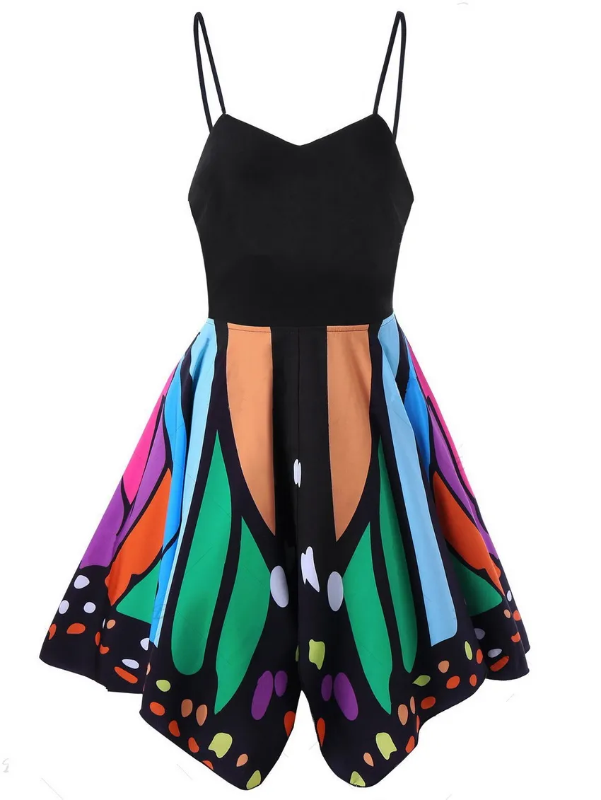 Butterfly Print Sexy Bodycon Mini Dress Vestidos med axelremmar Pläterad Suspenders kjolar Hög midja skolkjol