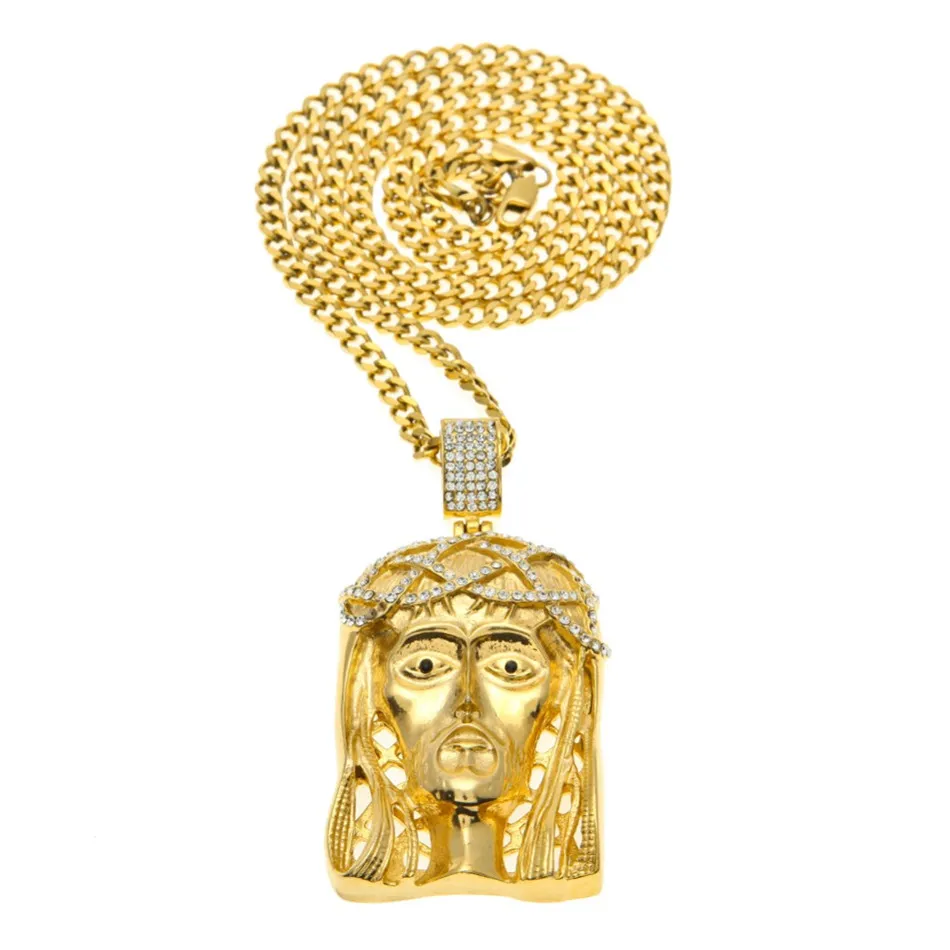 Hip hop Golden Crowned Jesus Head Pendant Iced Out Square Gem Crystal Necklace Set Cuban chain