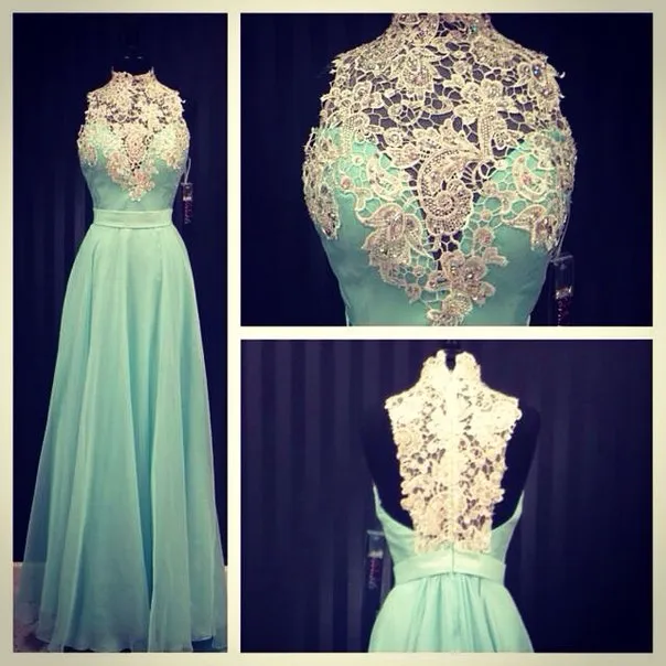 Prom Dresses High Neck 2018 Turquoise Chiffon Appliques Lace A-line Sheer Real Fotos Vestido de noite com estilo vitoriano Ladies Special Occasions