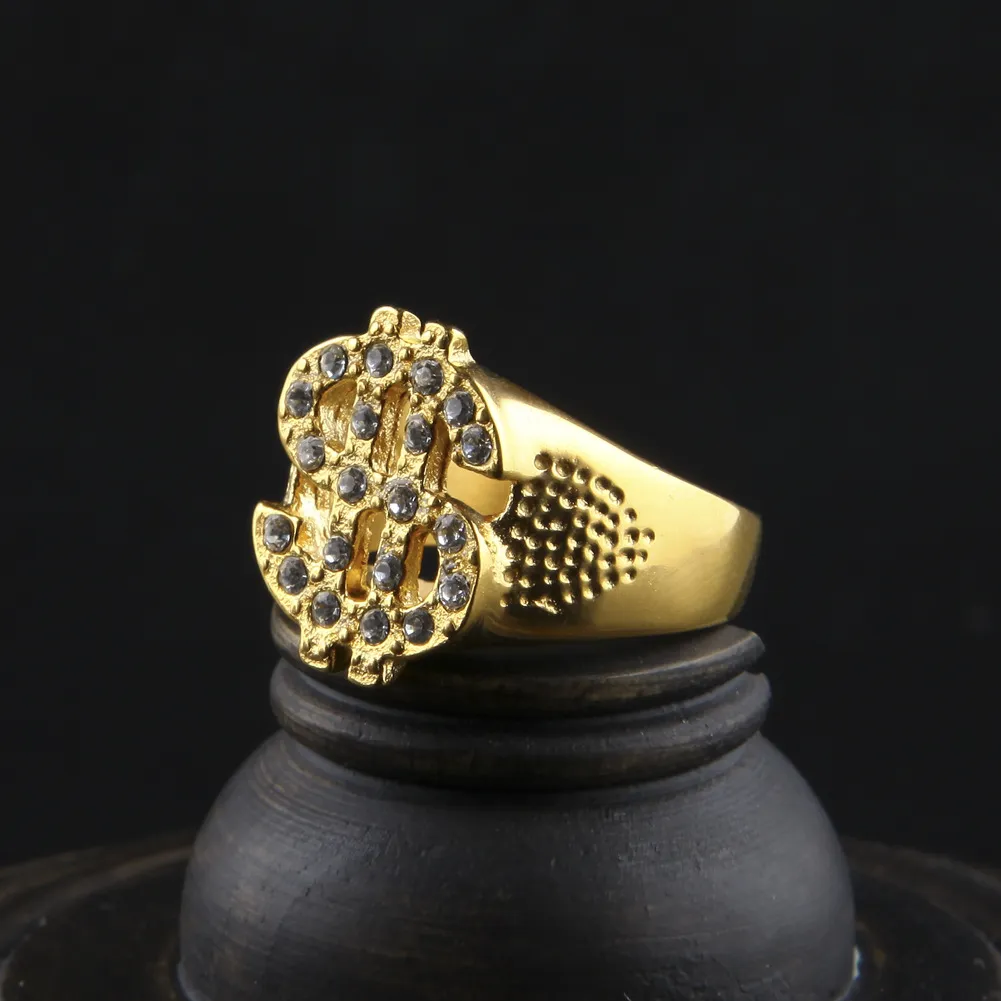 Hiphop gesimuleerde diamant dollar charme ring voor mannen mode rotsstijl roestvrij staal vergulde bling bling $ ring