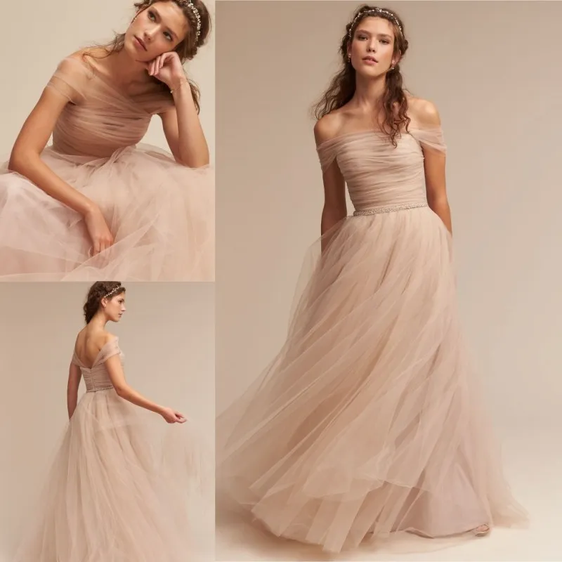 Nude BHLDN Wedding Dresses Off The Shoulder Delicate Sash Bridal Gowns Floor Length A Line Backless Wedding Gown225E