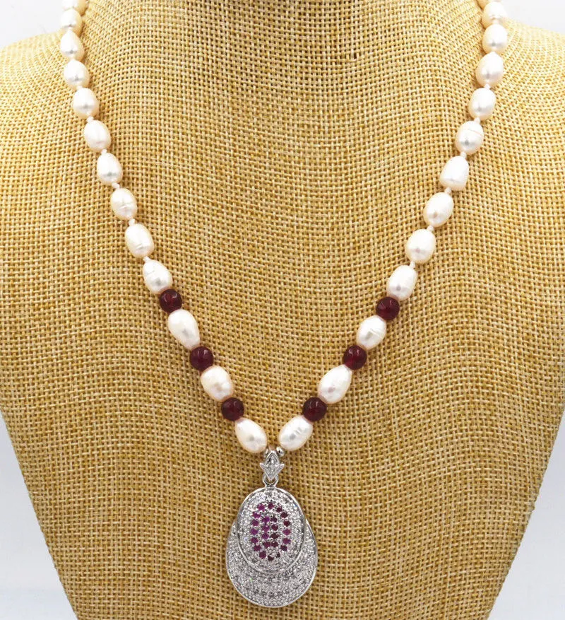 white akoya cultured pearl garnet ruby necklace crystal pendant plating gold 18"