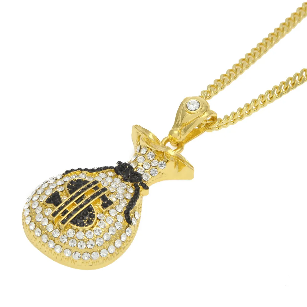 Hip Hop Gold Silver Cash Money Bag Pendant For Men Women Bling Crystal Dollar Charm Necklace With Cuban Chain Jewelry1824239