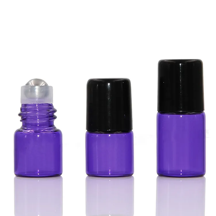 Lila röd grön 1800pcs / parti 1ml 2ml Små glas färgglada rullflaskor Ube glasrulla fragrance parfymflaskor Portable roll på flaska