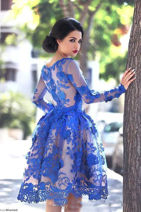 Royal Blue Sheer Long Sleeves Lace Cocktail Dresses 2019 Elegant Scoop Knee Length A Line Short Party Prom Dress Homecoming Gown H6823550