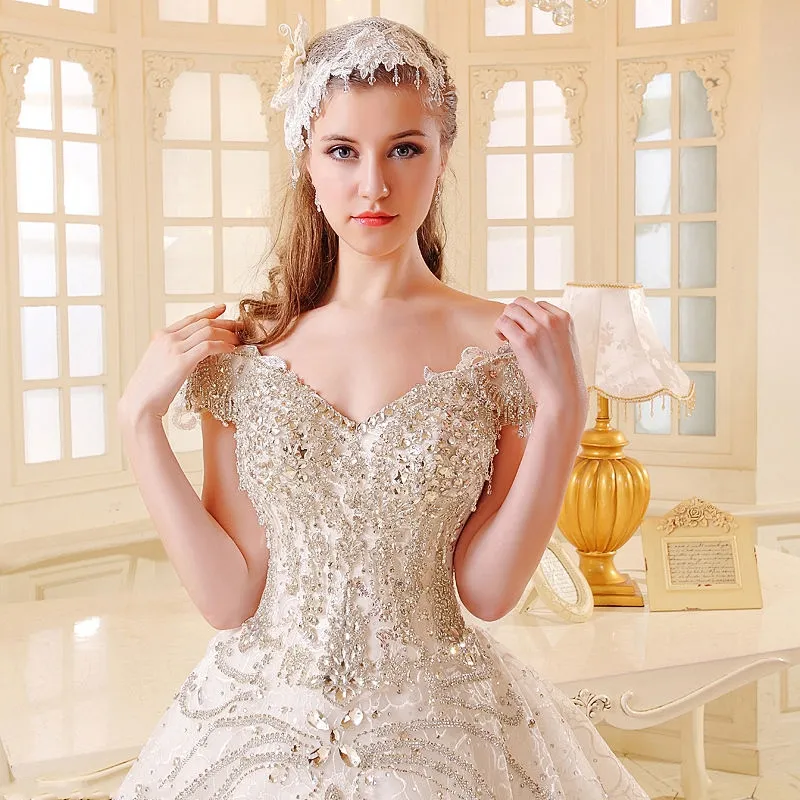 Bling Swarovski Crystal Ball Robe De Mariée Robes De Mariée En Dentelle Perlée Tulle De L'épaule À Lacets Court Train Diamant Robes De Mariée Personnalisées