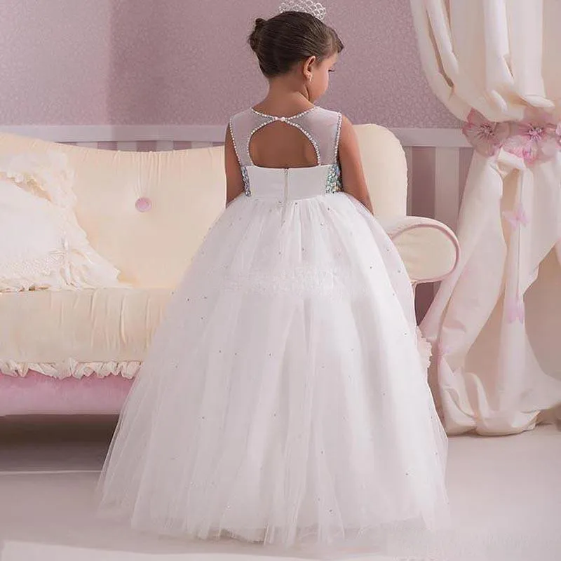2018 Princess White Wedding Flower Girl Dresses Empire Taille Crystals Open Back 2017 Custom gemaakt goedkope baby communie meisjes pagean4984302