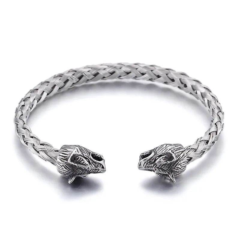 Silver en acier inoxydable Brangle Biker Wolf Head End Open Bracelet Knot Wire Chain