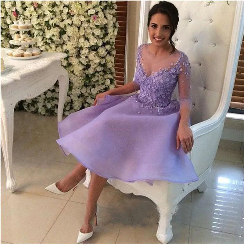 2018 Lilac Short Knee Length Party Dresses Jewel Sheer Neckline Birthday Prom Cocktail Gowns With Applique Back Covered Button From 68 76 DHgate