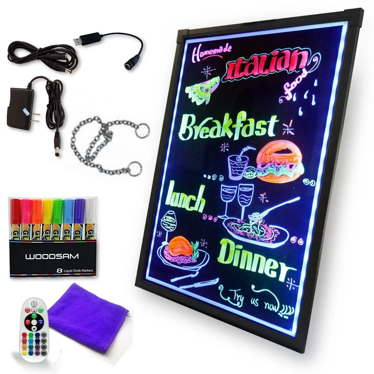 Lighting LED Writing Message Board Illuminated Erasable Neon Effect Restaurant Menu Sign with 8 Markers, Flashing DIY