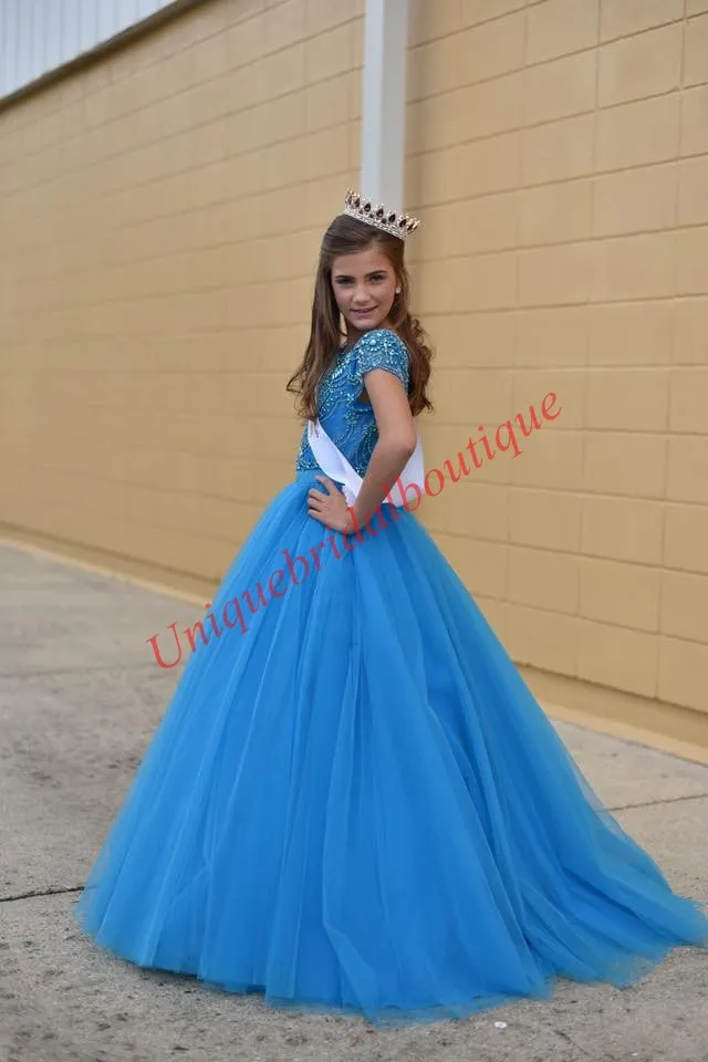 Famoso designer Little Girl Toddler Infant Baby Pageant Dresses 2019 Cap Maniche Principali perline Tulle Long Cute Kids Birthday Party Gown