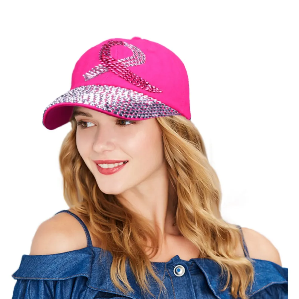 Crystal Baseball Cap för kvinnor Bröstcancer Awareness Ribbon Hat Rhinestone Caps Snapback Rivet