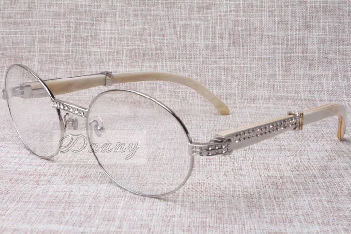 2017 neue Retro-Mode-High-End-Diamant-weiße Rinderhörner-Brille T7550178 für männliche und weibliche Modelle, runde Brille, Größe: 57-22-135 mm