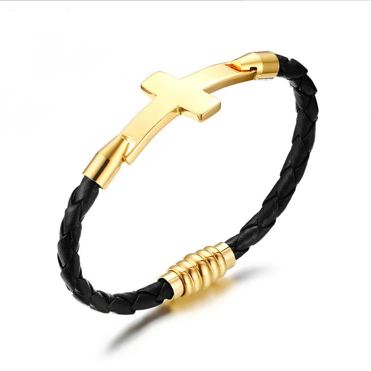 Men Stainless Steel 8Black Braided Leather Magnetic Bracelet Gold plated BOX