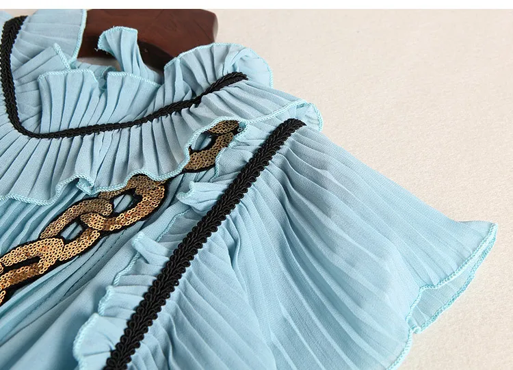 Runway Dress 2017 Light Blue Ruffles Collar Short Sleeves Women`s Dress Pleats Sequins Cascading Ruffles Celebrity Style Dress M061751