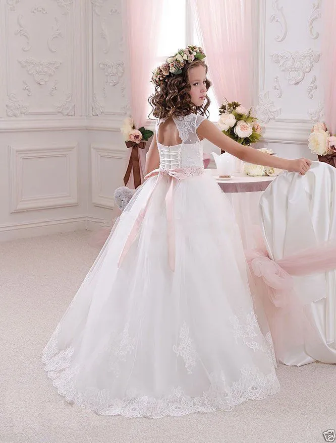 2019 Principessa Bianco Tulle Pizzo Tutu Abito di Sfera Lungo Fiore Ragazza Abiti Ragazze Prima Comunione Abiti Di Compleanno vestido de daminha