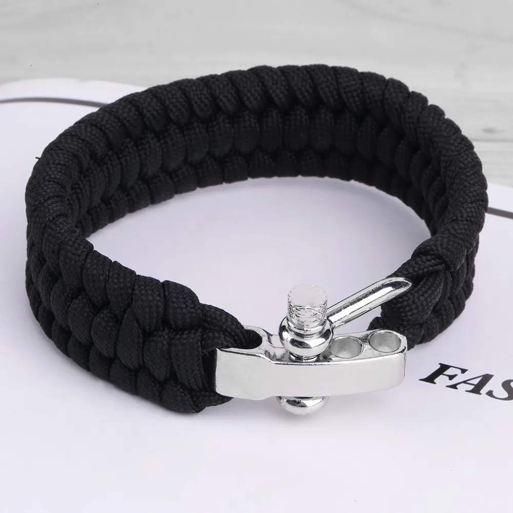 Svart ParaCord Rope Outdoor Survival Armband Camping Stål Shackle Spänne Partihandel fri frakt