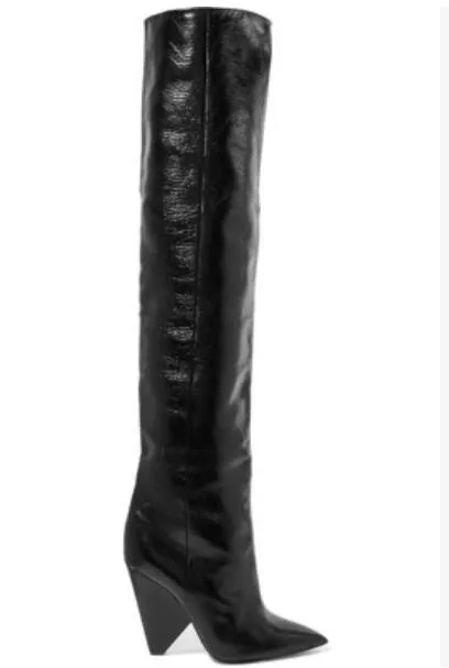 2017 mode femmes botte en cuir noir genou haute chaussons bout pointu talon pointu bottes chaussures de fête femmes sans lacet mujer botas