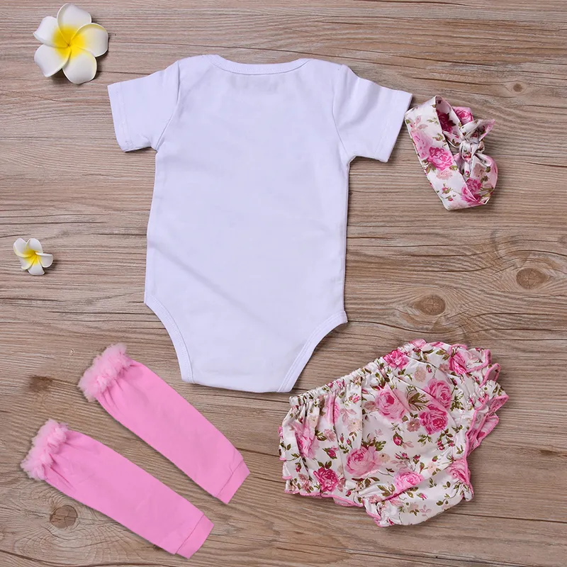 4-teiliges Baby-Kleidungsset für Kleinkinder, Strampler + geblümte Shorts + Stirnband + Leggings, Set „Ich habe meine Prinzessin gefunden, sein Name ist Papa“ K041