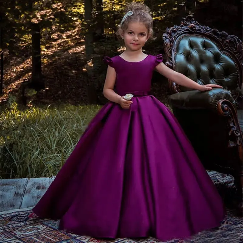 Purple Cute Flower Girl Dresses Jewel Juliet Sleeves Princess Birthday Gowns Back Zipper With Big Bow A-Line Custom Made Formal Party Gowns