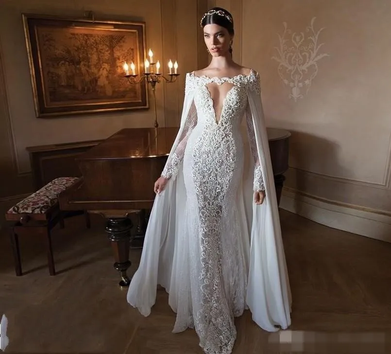 Berta 2019 robes de mariée sirène sexy avec manches capes cape en mousseline de soie détachable col en V manches longues dos transparent dentelle embellie244c