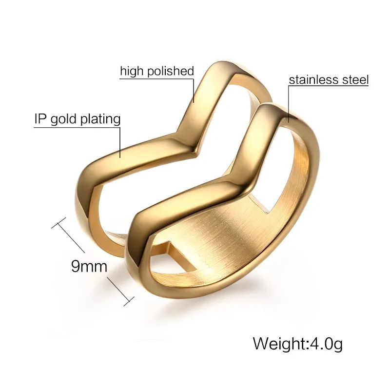 خاتم المجوهرات للنساء 18K الذهب مطلي الفولاذ المقاوم للصدأ رائع لامعة مصقولة مزدوجة شيفرون الخامس حلقة مفصل R-156212M