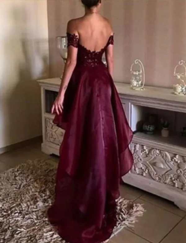 Popular Burgundy High Low Prom Dress Lace Appliques Off the Shoulder Sweetheart Short Front Long Back Formal Party Gowns