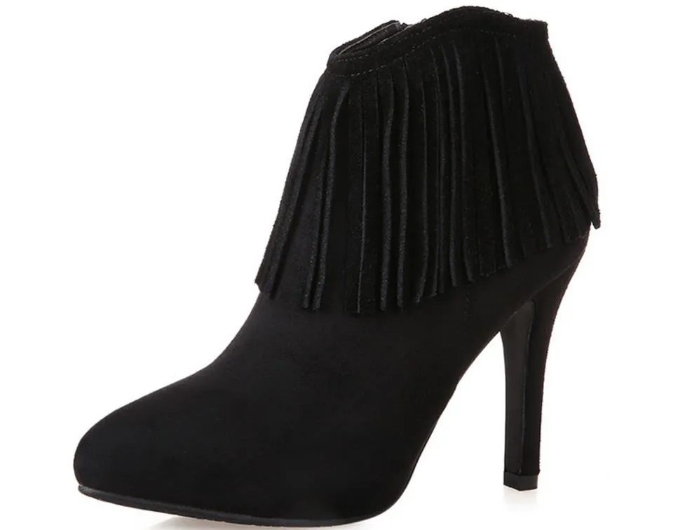 Dames hoge hak lederen kwast enkellaarzen mode prachtige partij pumps schoenen kerstcadeau 9cm zwart grijs US3-7.5