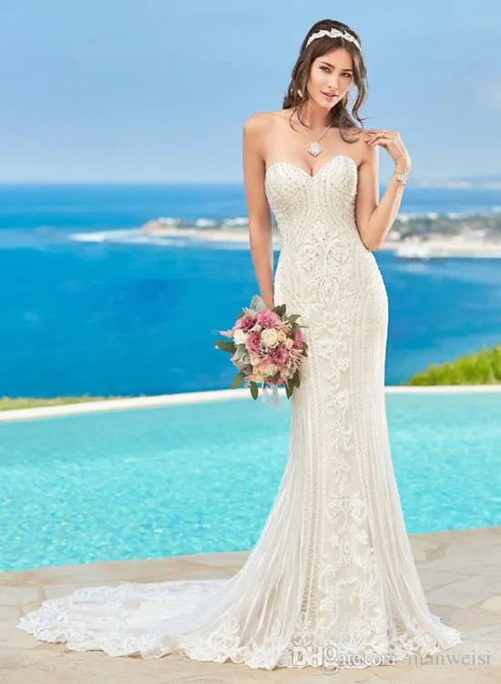 2019 Kitty Chen Dentelle Robes De Mariée Perles Sirène Dos Nu Robes De Mariée Balayage Train Sans Manches Cristal Plage Robe De Mariée286A