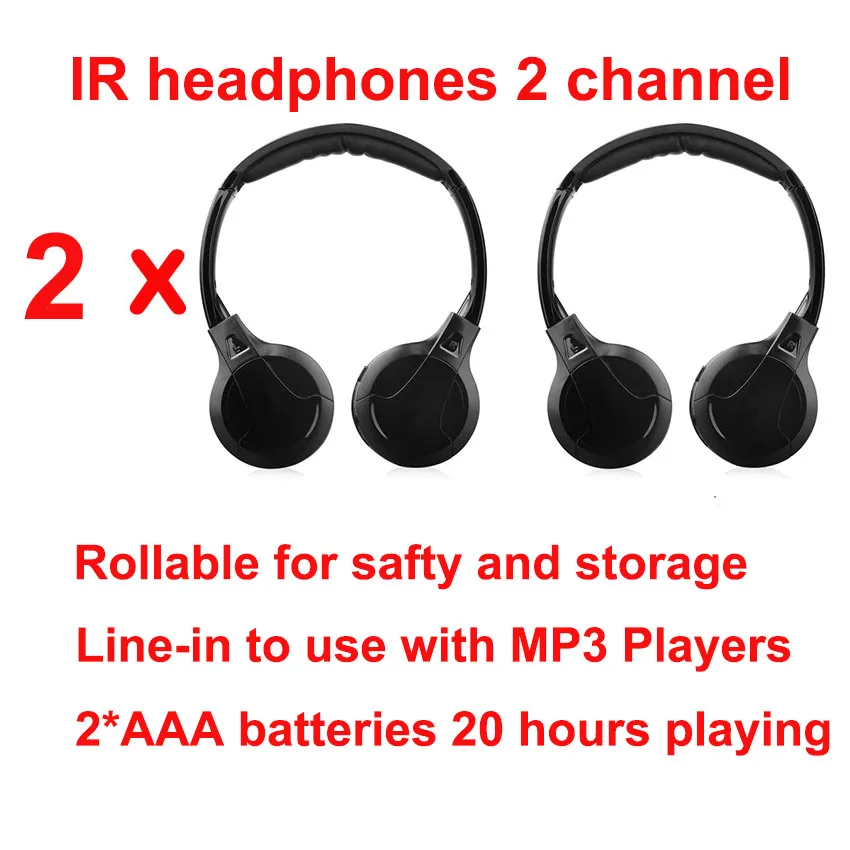 2 pièces paquet infrarouge stéréo sans fil casque rotatif casque IR dans le toit de la voiture dvd ou appui-tête lecteur dvd deux canaux