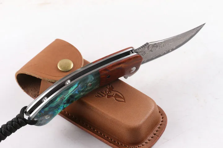 Top Quality VG10 Damasco Flipper Faca dobrável 58Hrc Ramo de Ácido Madeira + Abalone Shell Handle EDC Bolso Facas de Presente Facas de Presente Xmas Presente