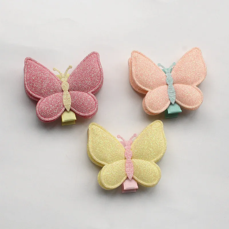 Glitter Butterfly Double Layers Synthetic Leather Design Kids Hairpins Handmade Hair Clips Lovely Bowknot Accessories