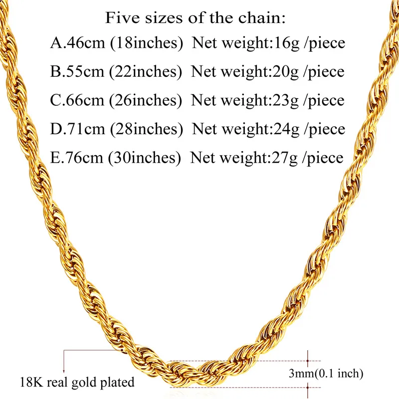 18K Real Gold Plated Stainless Steel Rope Chain Necklace for Men Gold Chains Fashion Jewelry Gift