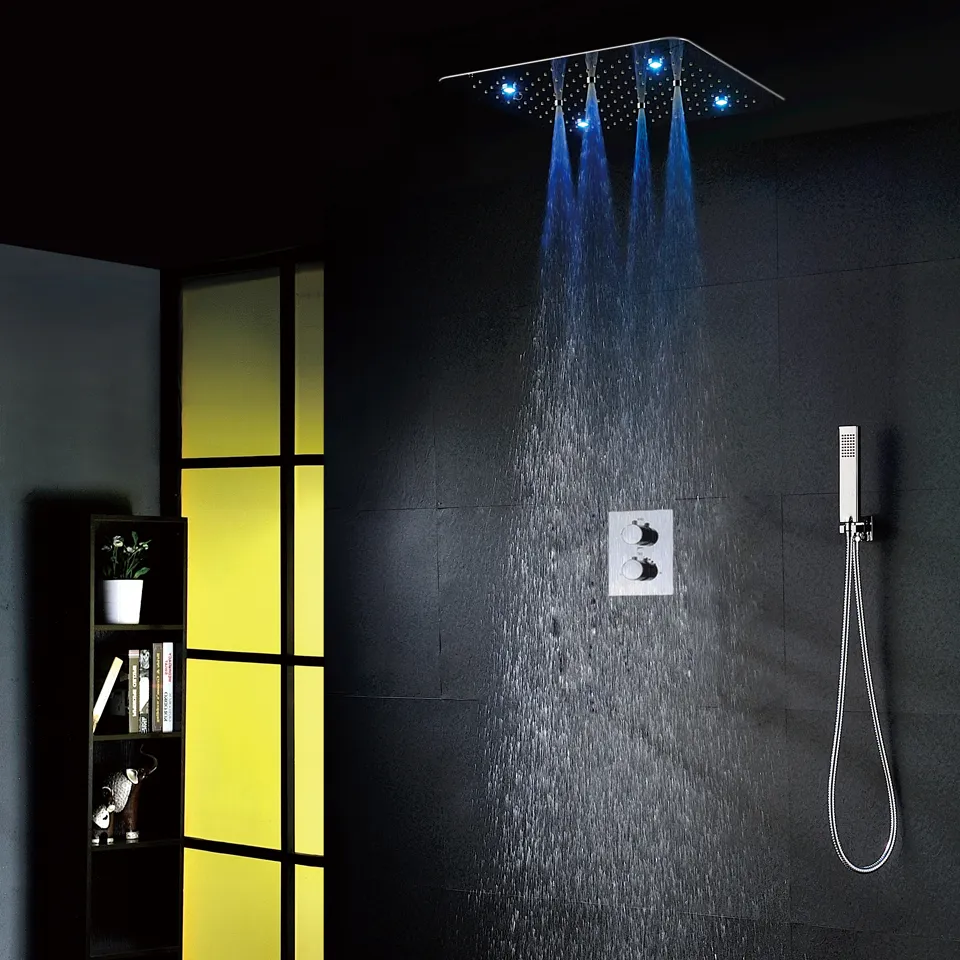 Luxe badkamer douchekraan set 20 inch regendouches met licht Eenvoudige installatie Ingebouwde box Thermostatische douchemengkraan 002T-20TSL-F