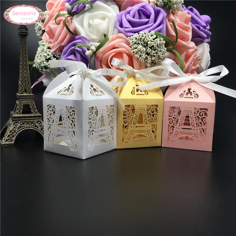 Großhandel- 10pcs Hochzeit Candy Box Schokoladenverpackung Paris Eiffelturm Personalisierte Weddign Box Mariage Gefälligkeiten und Geschenke Babyparty