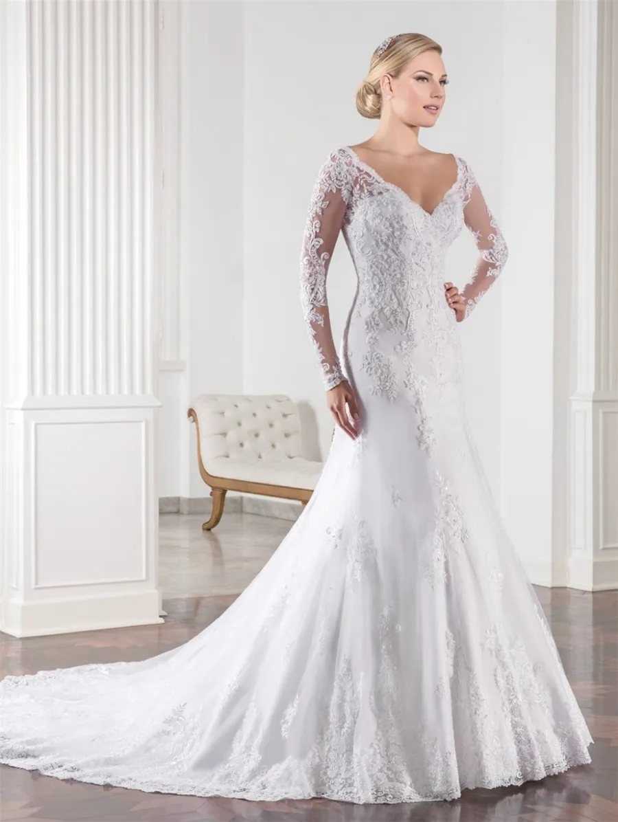 Vestido De Noiva Sereia Boncuk Dantel Uzun Kollu Mermaid Gelinlik Aplikler Hochzeitskleid Şapel Tren Troubewjurk