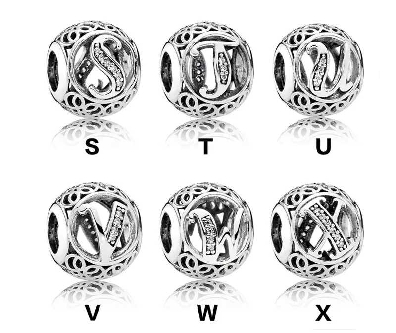 Wholesale Authentic 925 Sterling Silver Vintage Clear Letter Bead Charms Fit Pandora Women Charm Bracelets Silver Jewelry