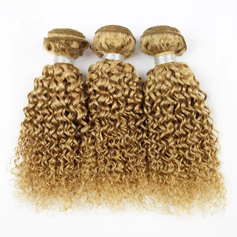 Kinky Curly #27 Honey Blonde Virgin Human Hair Wefts Extensions Curly Malaysian Human Hair Weaves Strawberry Blonde Hair Bundles