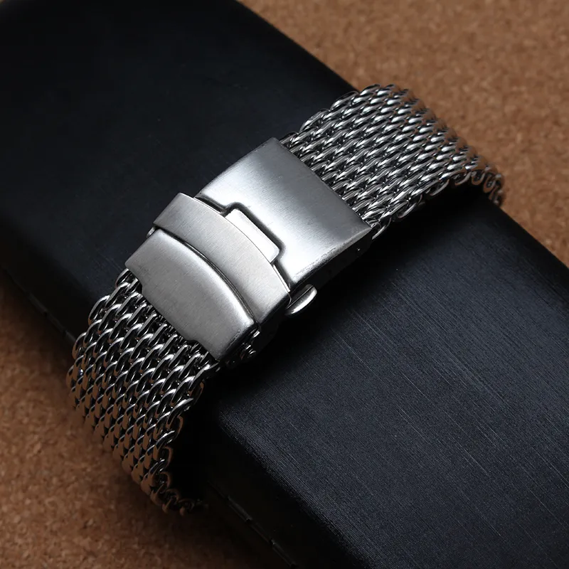 Shark Mesh Watchband Bracelets Special End safety Buckle 18mm 20mm 22mm 24mm Watch straps silver stainless steel metal links watch accessory